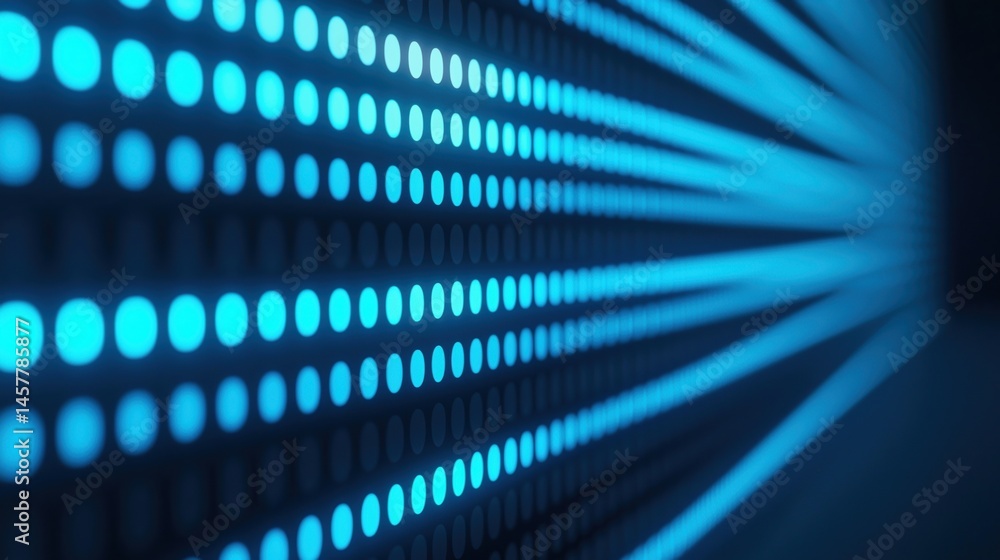 Poster a close-up view of glowing blue led lights arranged in horizontal rows, creating a futuristic and te