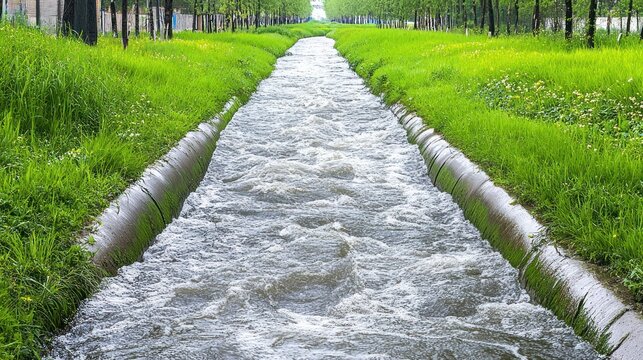 Water flowing in concrete drainage ditch