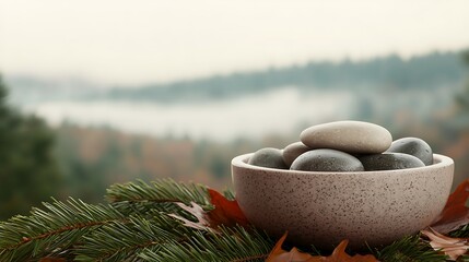 A bowl of smooth stones rests on pine branches with autumn leaves, set against a misty forest background.