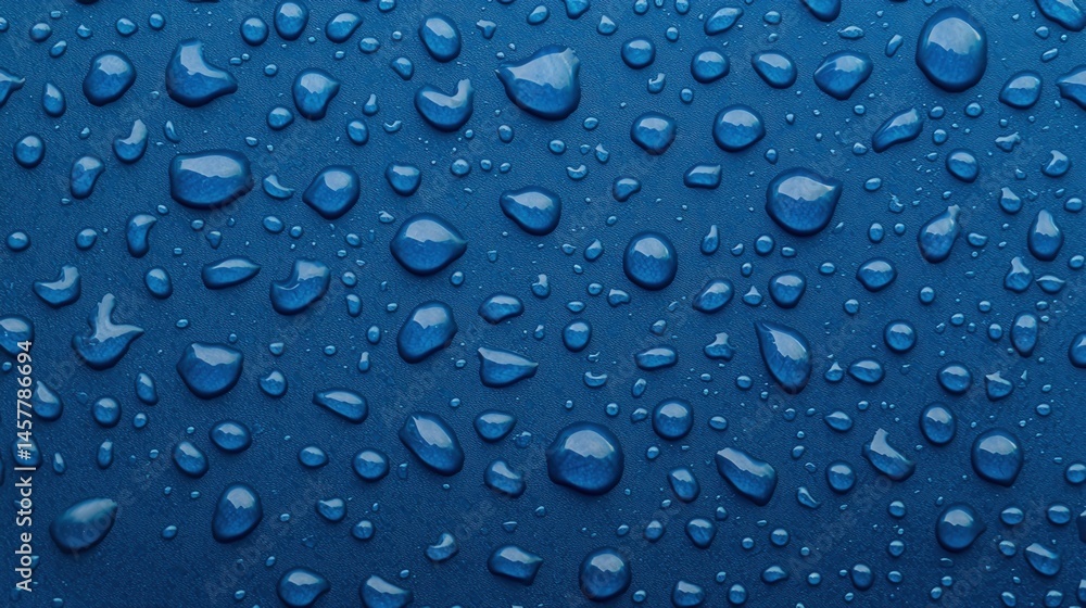Poster water droplets scattered across a smooth blue surface, creating a fresh and clean visual texture.