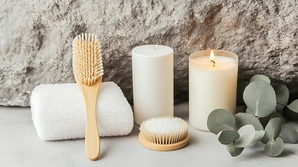 Spa essentials with brushes, towel, candles, and eucalyptus create a relaxing and natural self-care ambiance against a stone background.