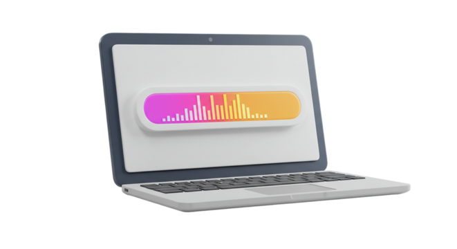 Modern laptop with audio waveform on screen isolated on transparent background, suitable for podcast branding, music editing visuals, digital sound design ads, and tech product marketing - Powered by Adobe