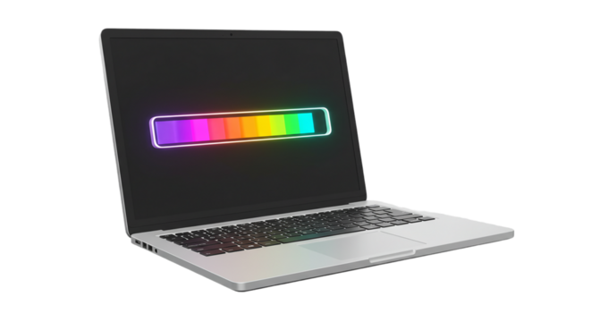 Laptop with colorful gradient screen isolated on transparent background, perfect for tech product mockups, creative device displays, digital art workstation ads, and UI demos