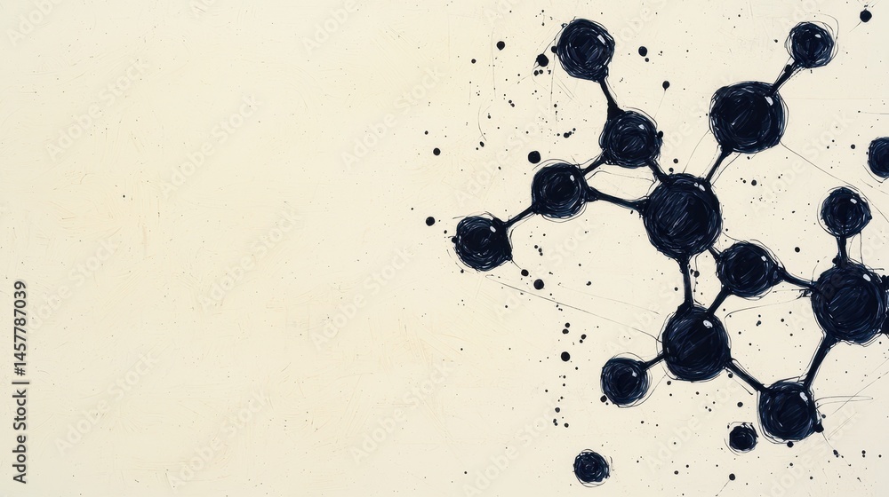Poster abstract molecular structure illustration with black circles and lines over a light background for s