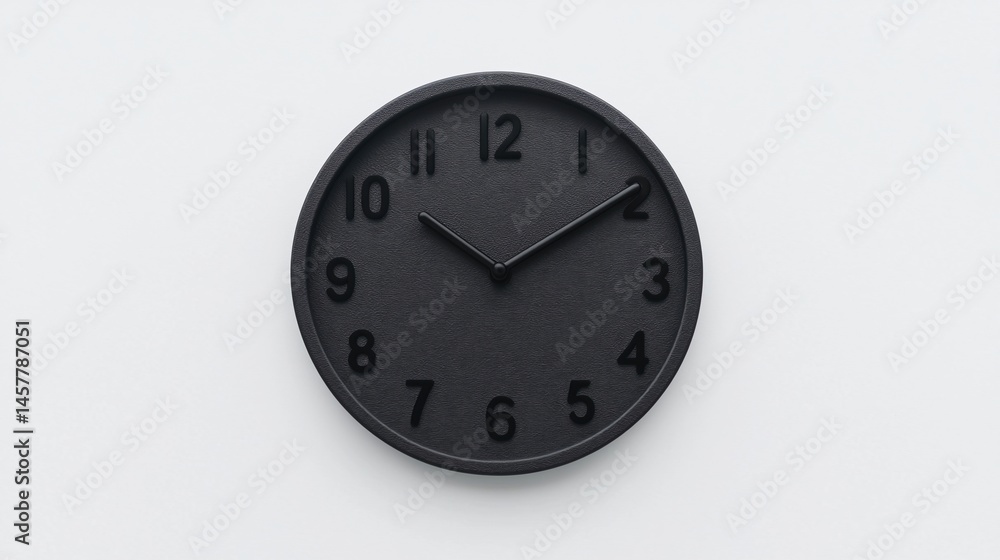 Poster a simple black wall clock with bold numbers and hands, displaying the time at 10:10 on a plain white