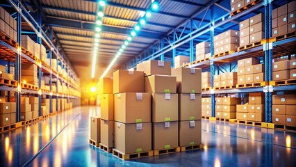 Organized Warehouse: Efficiently Stacked Boxes & Soft Bokeh Lighting