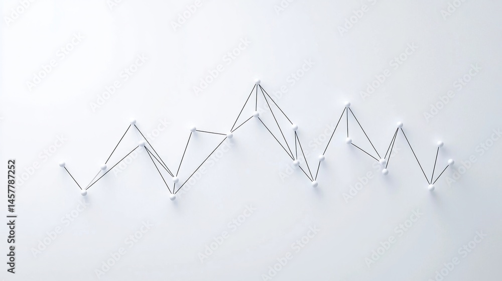 Poster minimalist graph made with pins and threads, forming a zigzag line on a plain white background.