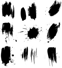 Grunge Ink Brush Strokes and Splatter Elements, Black Paint Texture Set