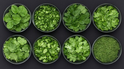 Obraz premium Eight bowls containing different fresh green herbs, neatly arranged in two rows on a dark background.