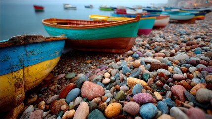 Obraz premium Colorful boats on pebble beach, Mediterranean coast at dawn. Serene coastal harmony in morning light. 