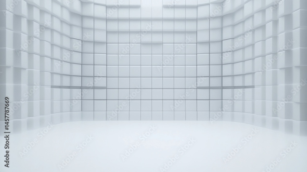 Poster a minimalistic white room with geometric walls made of square tiles, creating a modern and abstract 