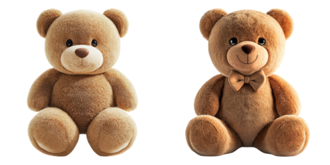 Plush tan teddy bear pair sitting isolated on transparent PNG image perfect for kidsâ€™ toy catalogs or nursery dÃ©cor graphics