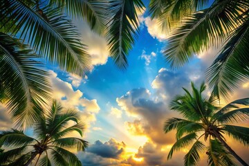Fototapeta premium Palm Sunday Silhouette: Coconut Leaves Frame Against Cloudy Blue Sky - Stock Photo