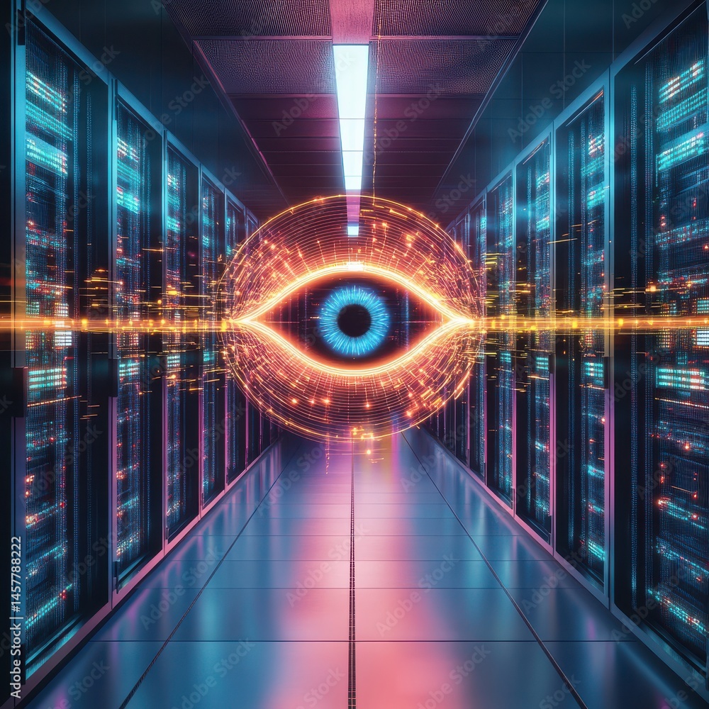 Poster illuminated hyperrealistic server vault data center digital art dark environment futuristic perspect