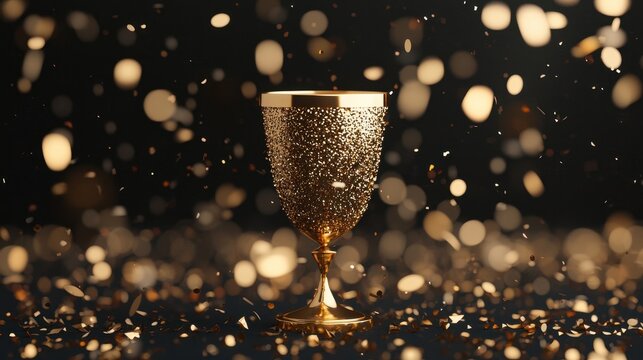 Golden Chalice with Sparkling Confetti and Bokeh Effect in a Dark Background for Celebration and Party Themes