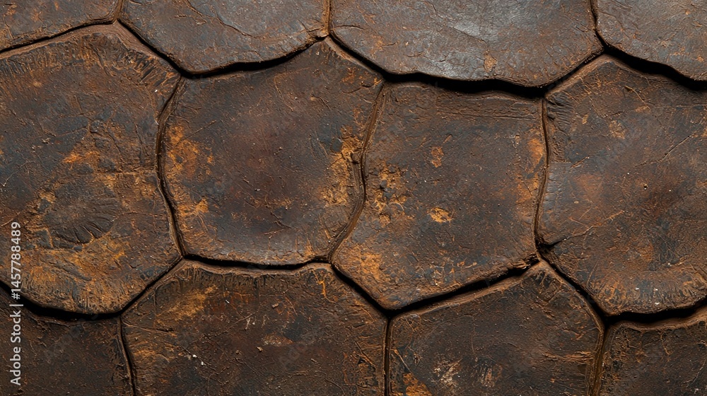Poster close-up of a brown, textured turtle shell showing hexagonal patterns and natural weathering.