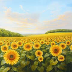 Obraz premium Vibrant sunflower field countryside hyperrealistic digital art scenic landscape wide-angle view nature's beauty