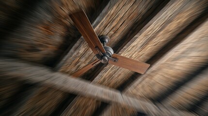 Obraz premium Wooden ceiling fan in a rustic, wooden interior.