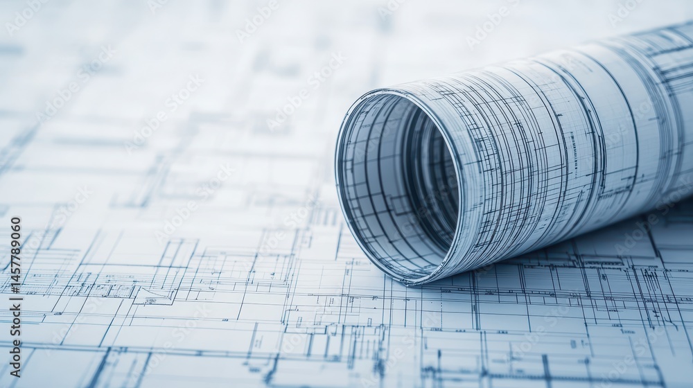 Poster detailed architectural blueprint roll on flat surface with measurement lines and design elements in 