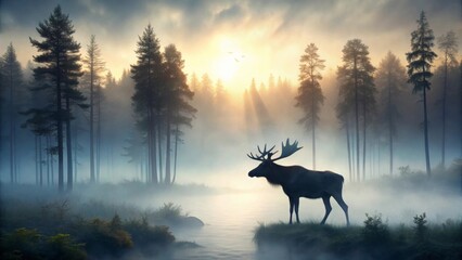 Majestic Moose at Sunrise in a Misty Forest, Serene and Tranquil Nature Scene