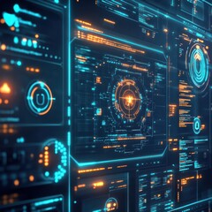 Obraz premium Futuristic digital display interface technology lab hyperrealistic visualization dark environment close-up viewpoint