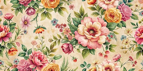 Panoramic Hand-Drawn Floral Print on Textured Paper Background