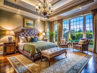 Panoramic Luxury Bedroom: Vibrant Colors, Elegant Decor, Spacious & Relaxing