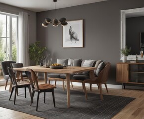 Fototapeta premium Sophisticated living & dining area Brown sofa complements wooden dining table, grey walls feature black/white photography , interior, room, elegant