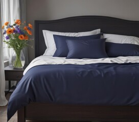 Serene king-size bed, navy sheets, vase of flowers on bedside table , blue, table