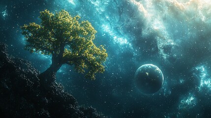 Obraz premium A solitary tree in a vibrant, otherworldly landscape