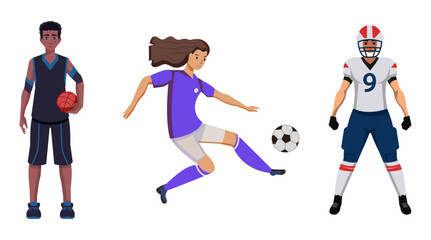 A set of athletes' characters. Football player, rugby player, basketball player. Vector people, women and men, cartoon flat graphics
