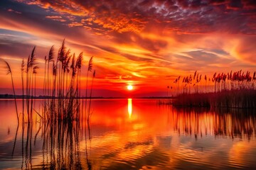 Panoramic Sunset over Reeds - Golden Hour Landscape Photography