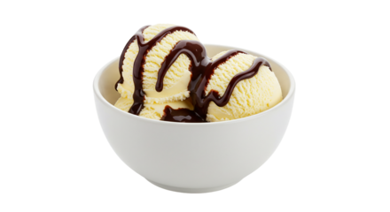 Delicious vanilla ice cream in round white bowl with chocolate syrup isolated on transparent background, perfect for ice cream parlor ads, food illustrations, and dessert branding