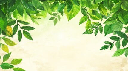 Obraz premium Fresh Green Leaves Watercolor Art Green gradient background. Ecology concept for your graphic design, banner or poster. Vector illustration