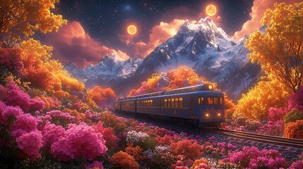 Scenic train route beneath glowing clouds high resolution photo