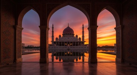 Magnificent Putra Mosque at Sunrise with Reflections Viewed Through Arches