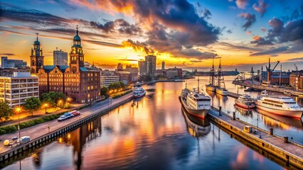 Fototapeta premium Panoramic View of Burchardkai Harbor, Hamburg - Stunning Cityscape at Sunset