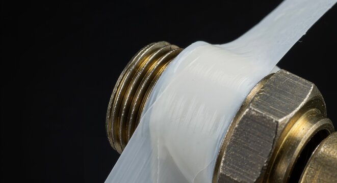Close-up view of white PTFE thread seal tape being wrapped around the brass threads of a pipe fitting, creating a watertight seal for plumbing connections