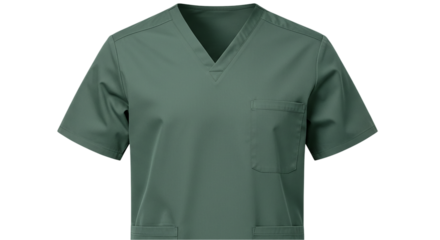 Dark green medical scrub top shirt isolated on transparent background, ideal for healthcare uniform mockups, nursing apparel branding, hospital clothing visuals, and medical staff design