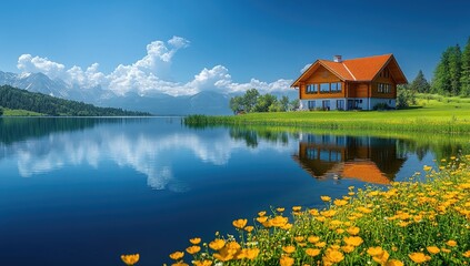 Obraz premium Lakeside chalet, Alps mountains, summer, reflection, tranquility, travel brochure