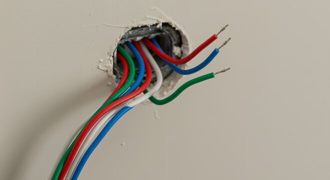 Colorful electrical wires with stripped ends emerging from a circular hole in a white wall, indicating an ongoing installation or repair process