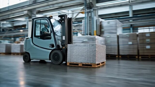 An electric forklift transporting materials between different sections of the factory highlighting the efficient logistics of the production process.