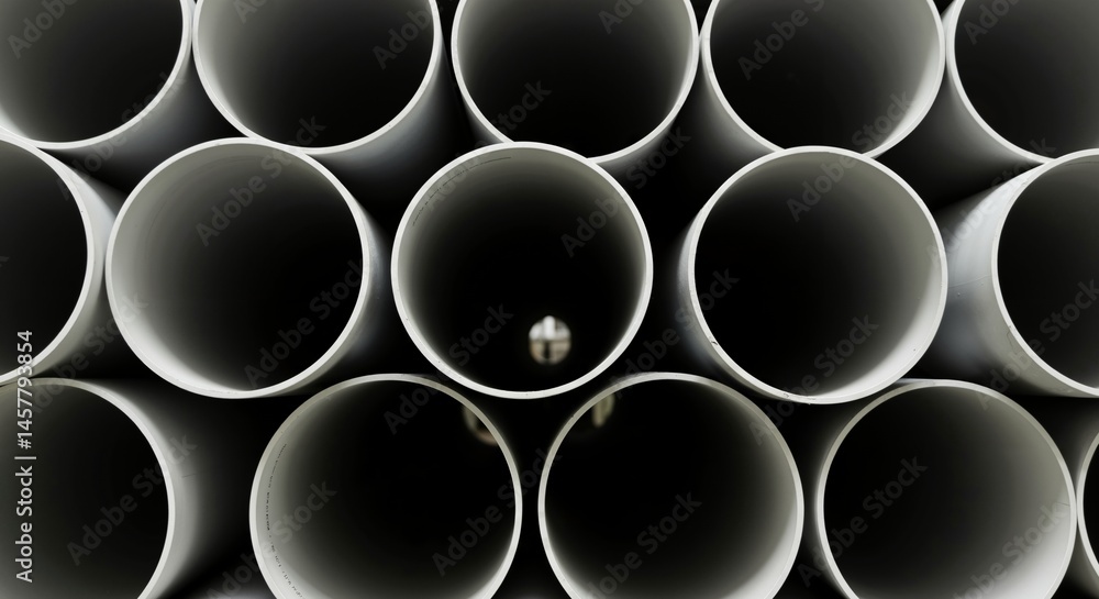 Poster close-up view of a large stack of white plastic pipes, showing the circular openings and the stagger