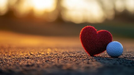 Golf ball and red heart shape on the green golf course at sunset. Ideal for sport, recreation, health, love, valentine’s or retirement concepts.