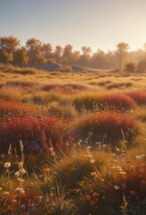 Fototapeta premium Sun-drenched field, vibrant wildflowers, dried grasses, autumnal colors , red, golden, warm