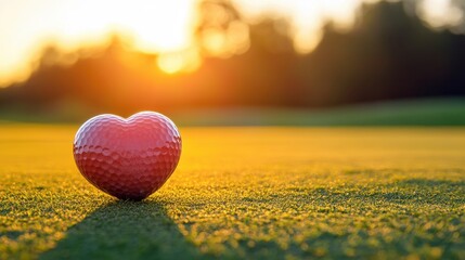 Fototapeta premium Heart-shaped golf ball on green grass during beautiful sunset. Perfect for love of the sport, relationship and golf concepts.