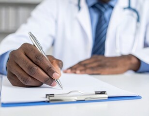 A focused doctor, dressed in a white coat, diligently writes notes on a clipboard with a pen, surrounded by medical charts and a stethoscope.