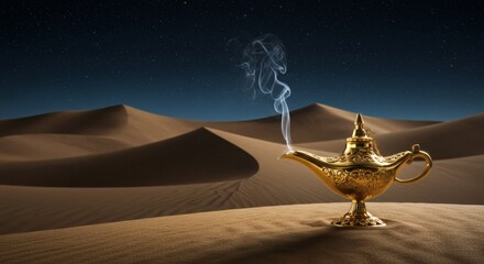 Golden Genie Lamp with Smoke Rising in a Desert Landscape