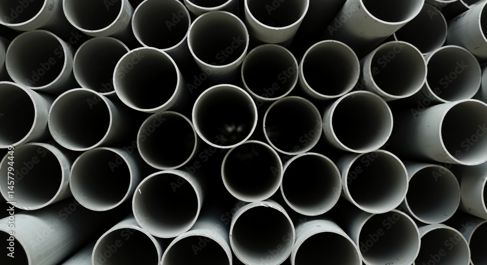Poster close-up view of a large stack of grey cylindrical pipes, showing the circular openings and creating
