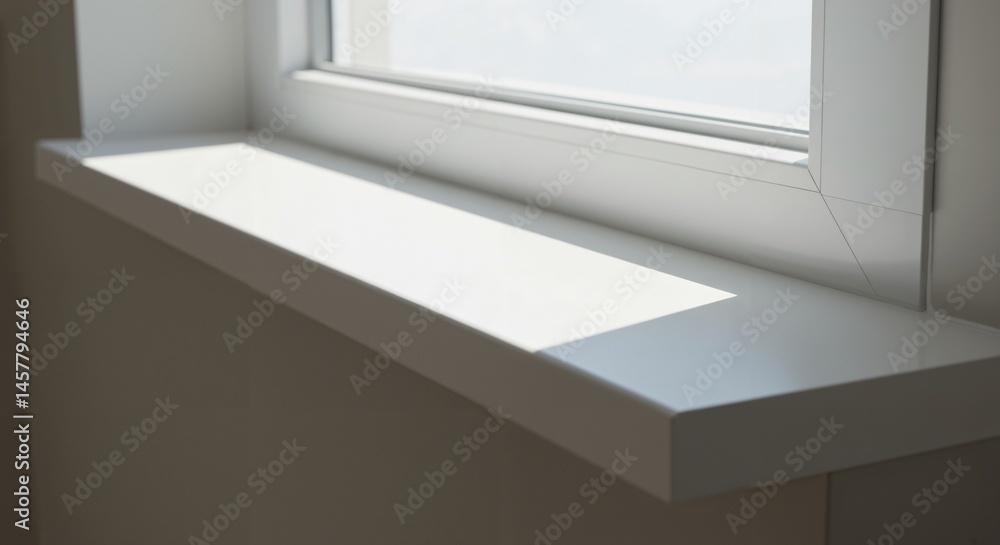 Poster close-up view of a clean white window sill bathed in bright sunlight, casting a sharp shadow on its 